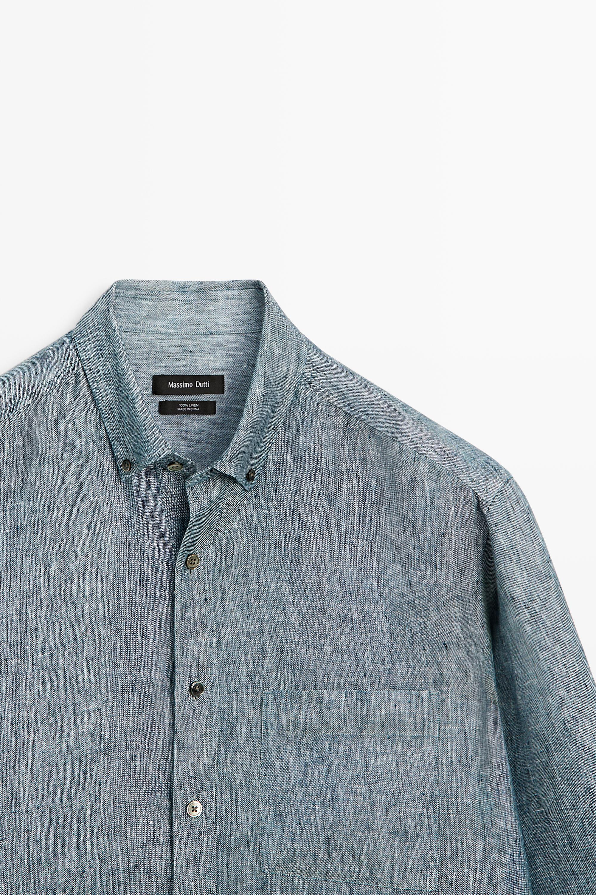 Regular fit melange twill 100% linen shirt